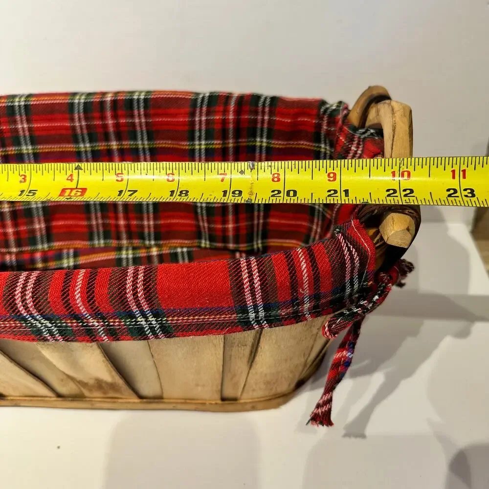 Large Oblong Red Plaid Fabric Lined Basket Gift Basket 22x8.5x7.5 Wooden Handles